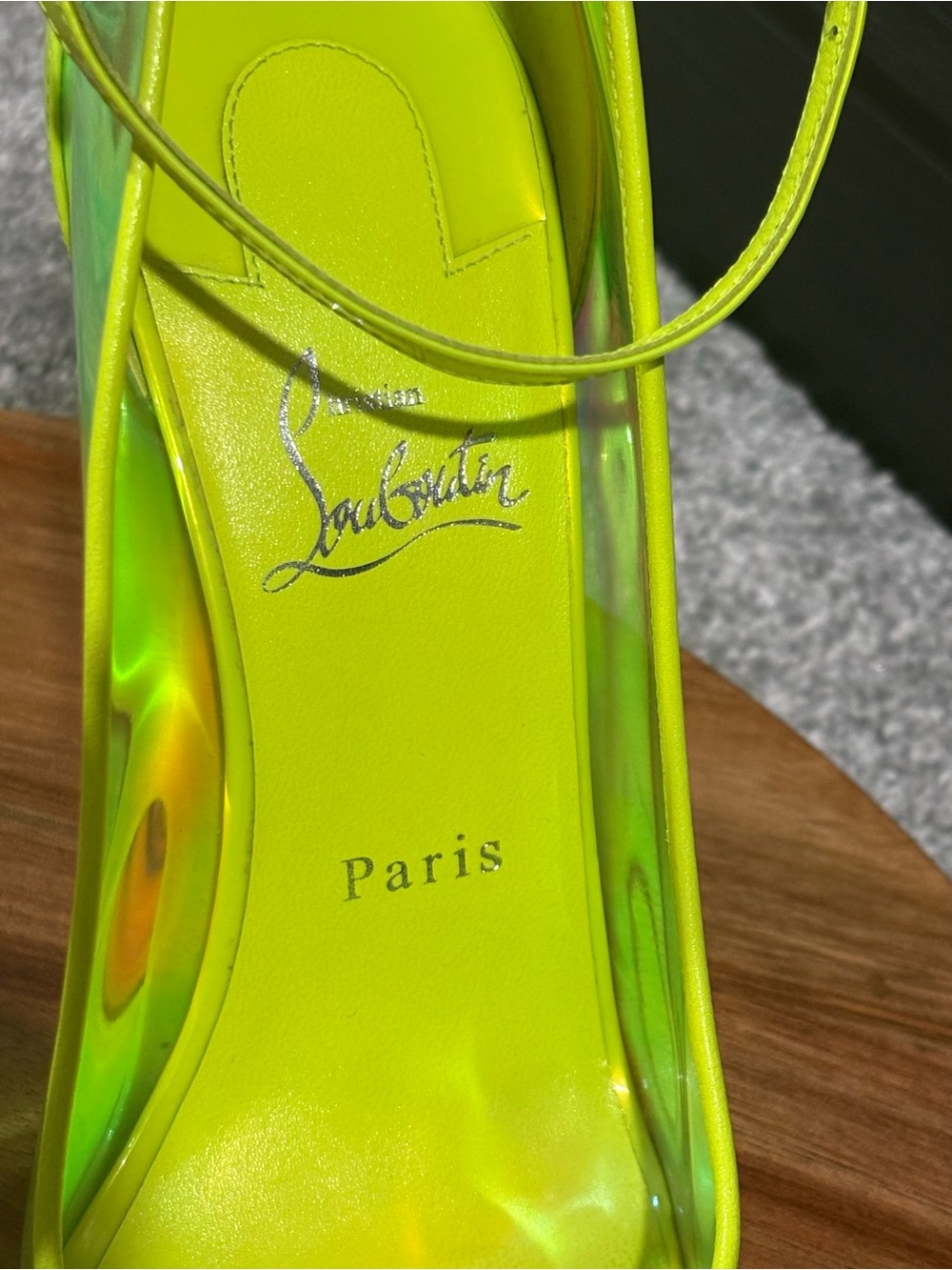 Christian Louboutin Neon Yellow Iridescent Pointed-Toe Ankle-Strap Heels - Picture 2 of 14
